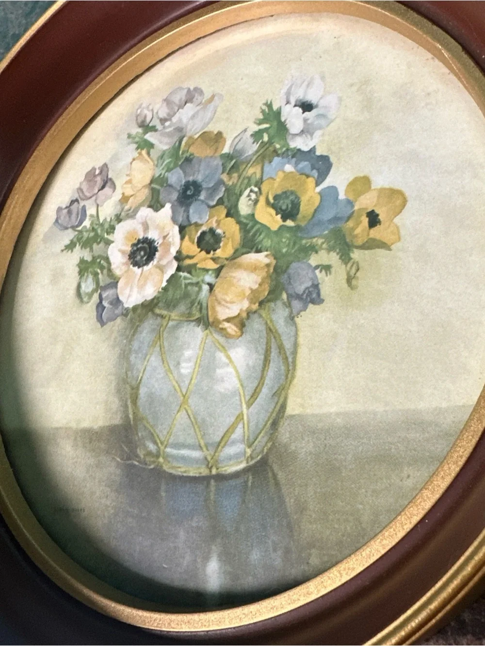Vintage Round Floral Print in Burgundy And Gold Frame Flowers Art 9.25”
